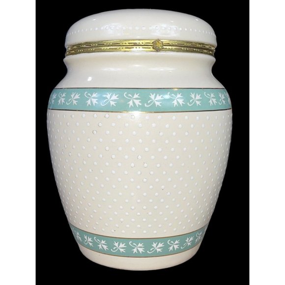 Knott's Berry Farm Ceramic Canister Hinged Lid Cookie Jar Beige Teal Gold Trim - Picture 2 of 11
